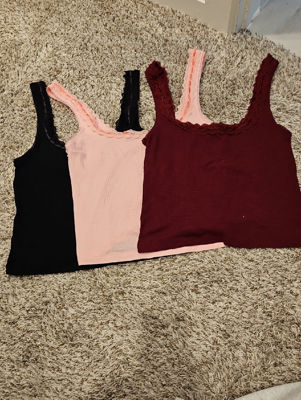 aerie Lace-Trim Ribbed Camisoles - Black, Light Pink, Burgundy